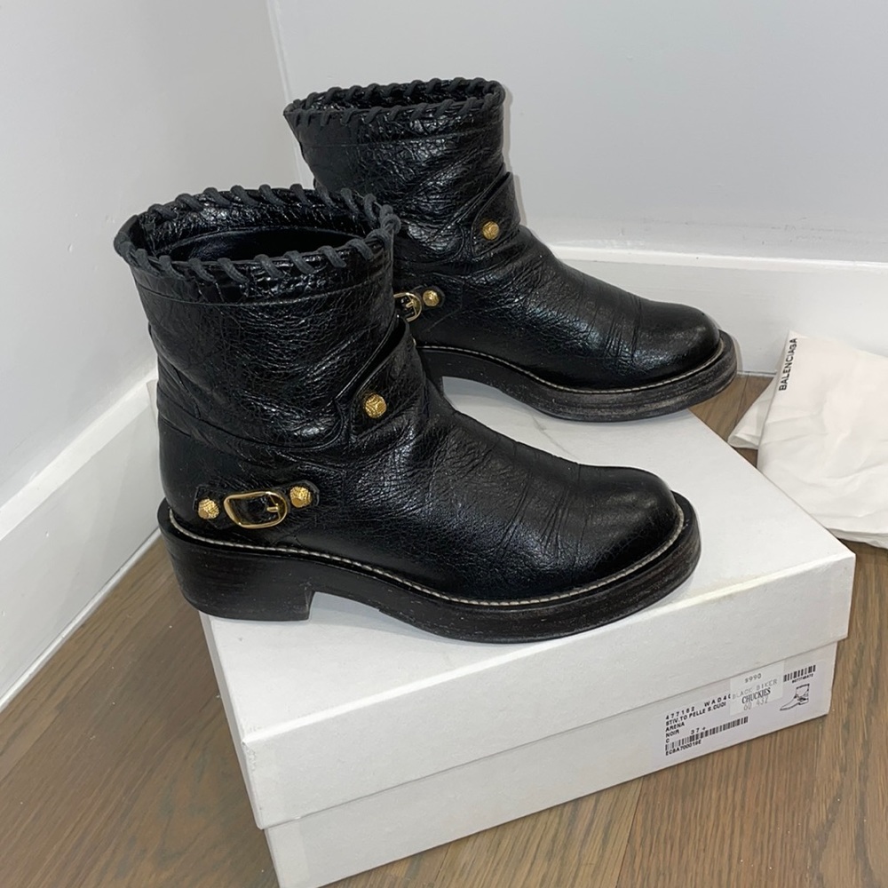 Black Leather Women's Ankle Boots with Gold Accents